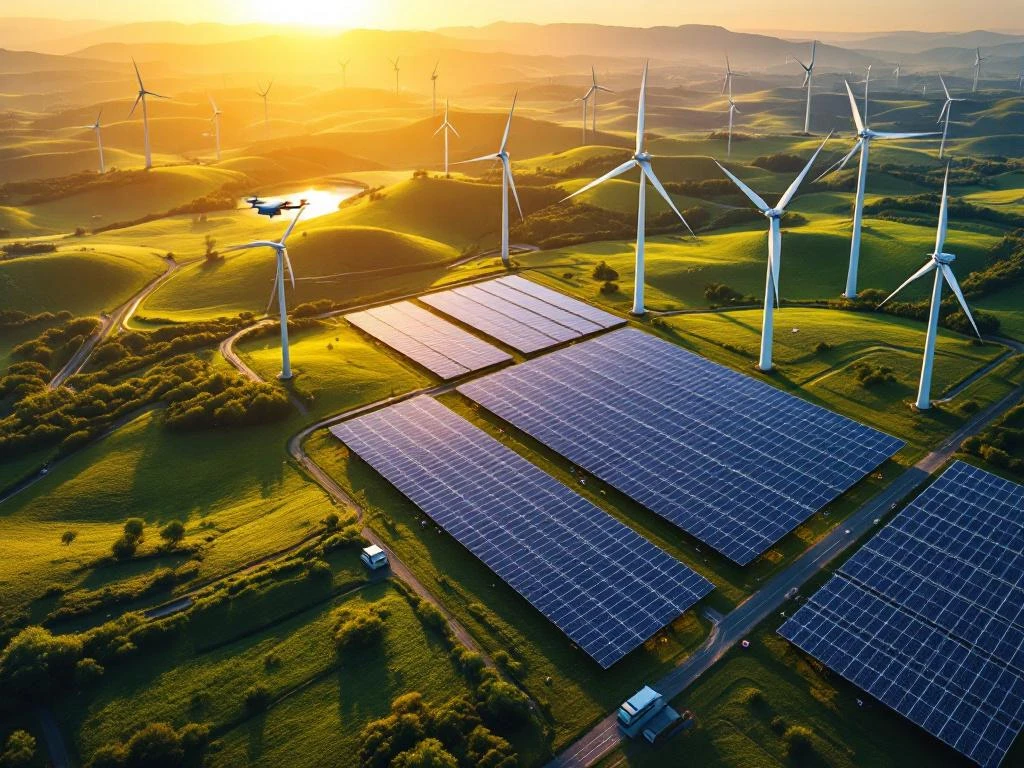 Luchtfoto van een modern park voor hernieuwbare energie met zonnepanelen en windturbines in een groen landschap op het gouden uur.