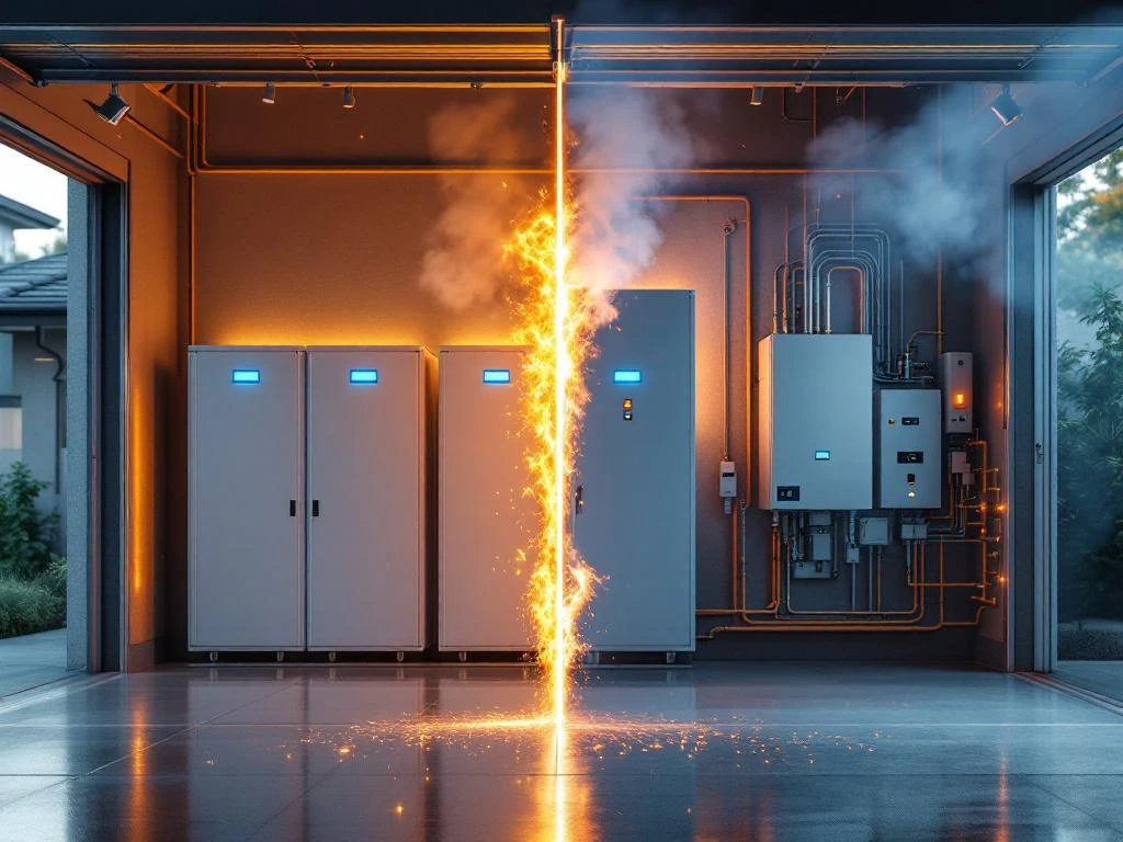 Split-screen zonnebatterijsysteem: schone witte units met blauwe LED's versus hetzelfde systeem met gevaarlijke oranje vlammen en vonken.