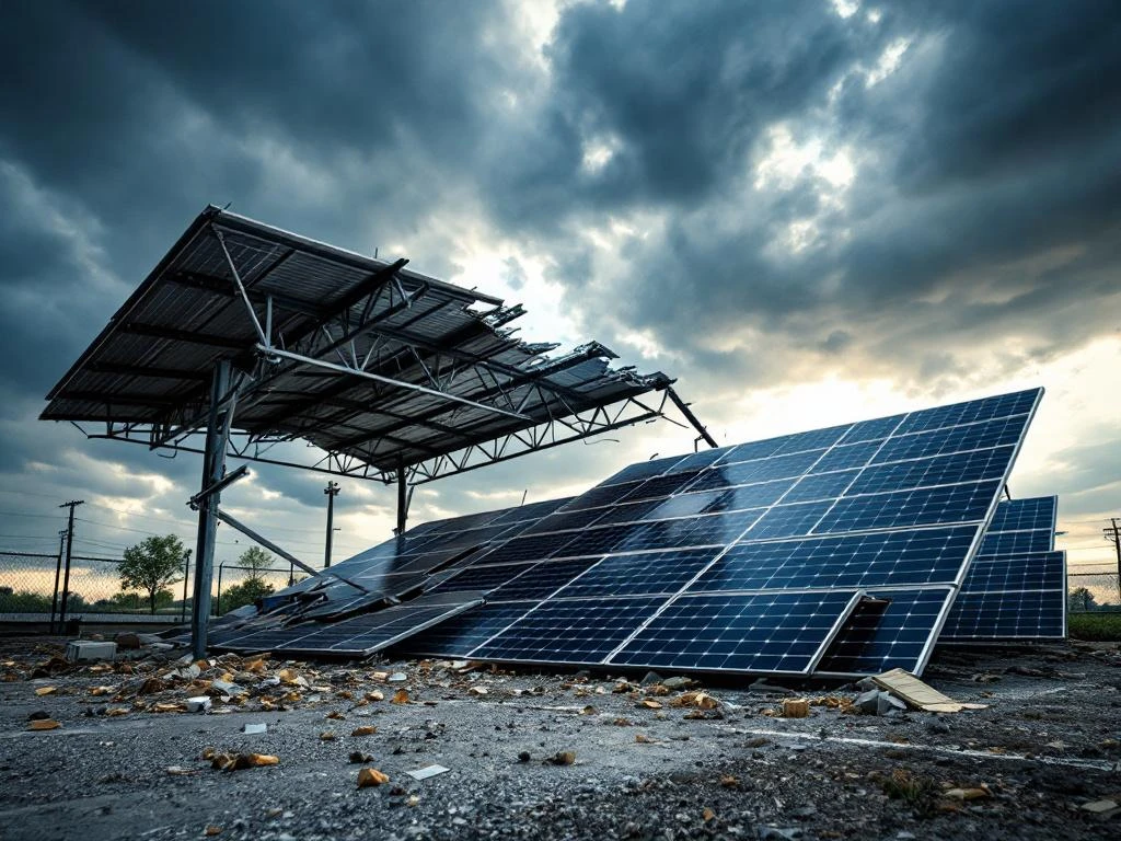 Beschadigde solarcarport met ingestorte metalen constructie en verspreide panelen contrasteert met intacte installatie onder onweerswolken