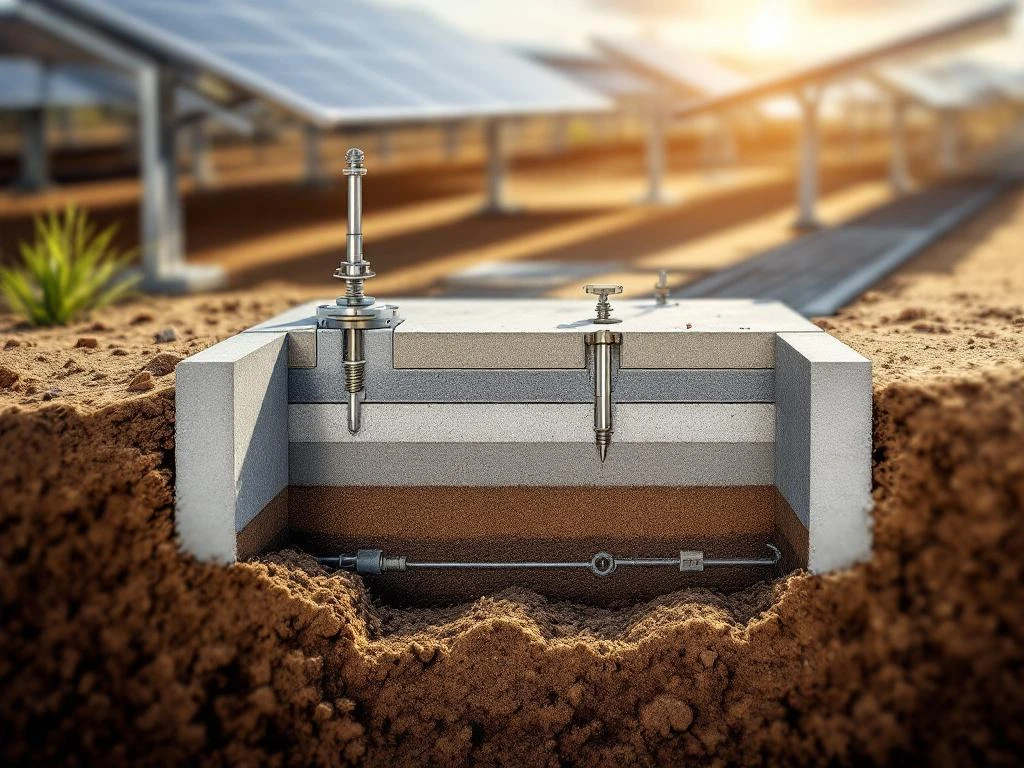Dwarsdoorsnede van de fundering van een zonnecarport met gewapend betonnen funderingsblokken, stalen ankerbouten en betonijzer in grondlagen.