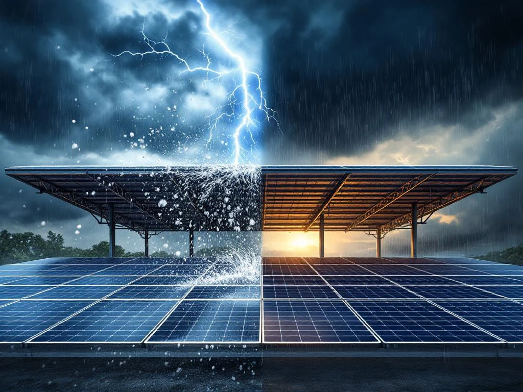 Zonnecarport met beschadigde panelen tijdens zware storm met hagel, regen, wind en bliksem in donkere lucht