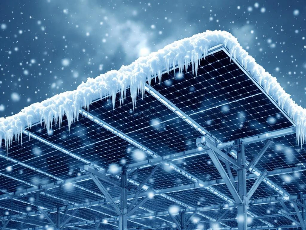 Carport op zonne-energie met zwarte panelen op stalen frame bedekt met zware sneeuw en ijspegels tijdens winterstorm