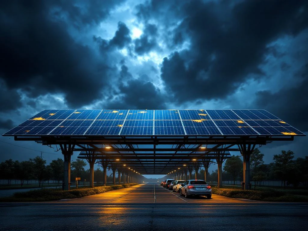 Carport op zonne-energie met beschadigde panelen en spanningsbreuken onder donkere stormwolken, auto's geparkeerd onder de structuur