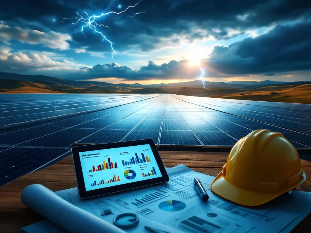 Zonnepaneelopstelling op heuvels onder contrasterende zonnige en stormachtige hemel met tablet met gegevens risicobeoordeling en veiligheidsuitrusting