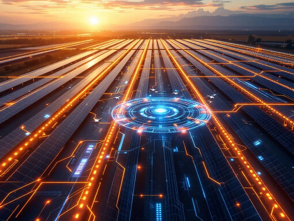 Luchtfoto van een uitgestrekt zonnepark met verlichte paden, holografisch controlecentrum en inspectiedrones tijdens het gouden uur.