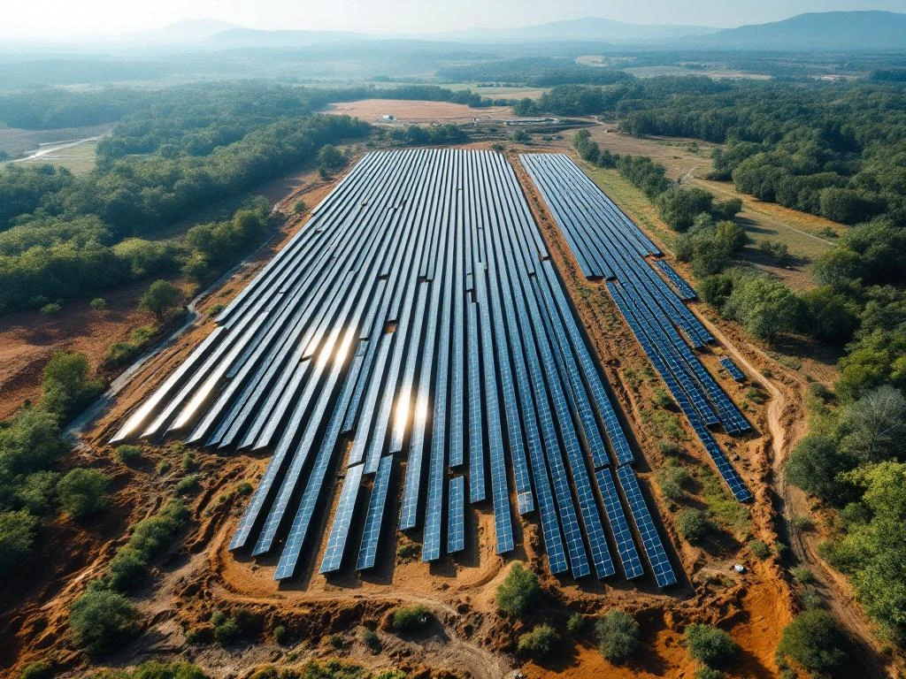 Grote zonne-energiecentrale installatie op natuurlijk terrein met milieu-impact door verstoorde bodem en veranderde vegetatiepatronen.
