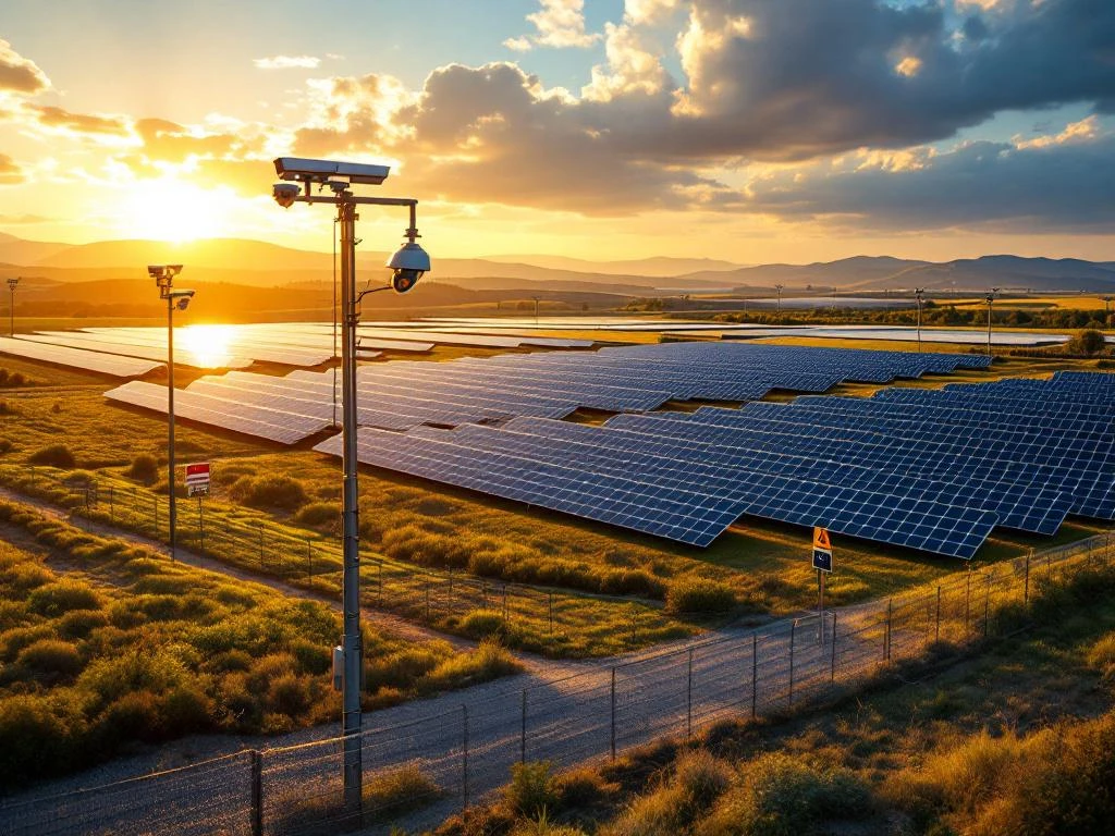 Modern zonnepark met beveiligingscamera's en omheining tijdens het gouden uur, luchtfoto van de infrastructuur voor hernieuwbare energie.