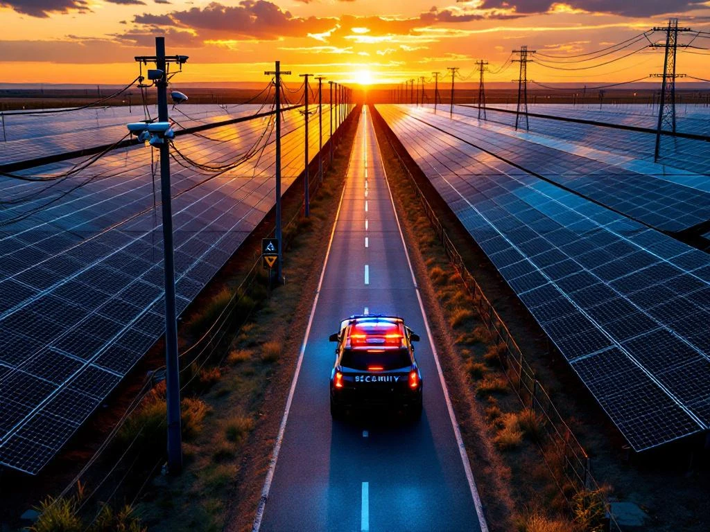 Luchtfoto van een zonnepark met beveiligingscamera's, een patrouillevoertuig en een omheining bij zonsondergang, om de bescherming van hernieuwbare energie te benadrukken.