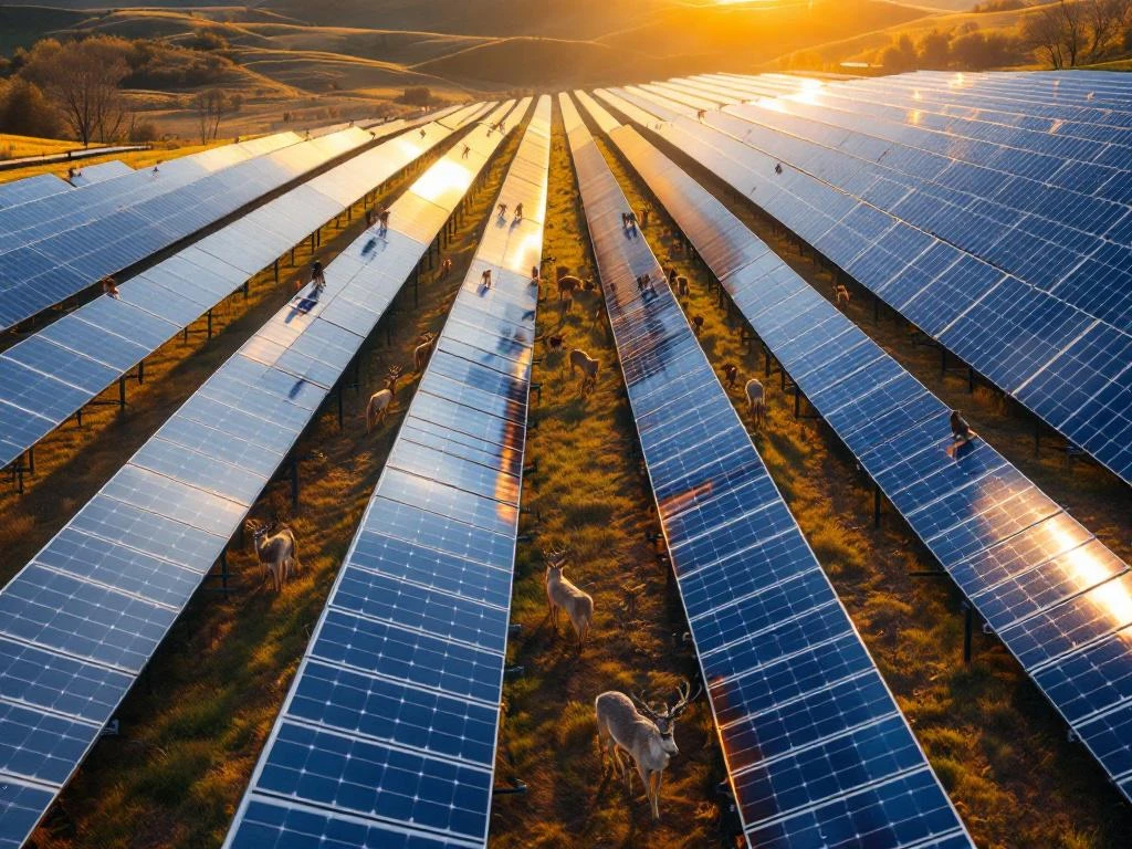 Luchtfoto van een zonnepark met herten die tussen blauwe rijen zonnepanelen lopen, vogels die op structuren zitten en een vos in de verte.