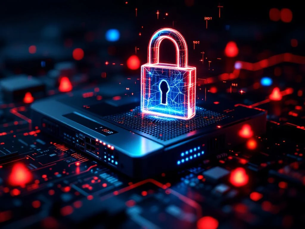 Zonne-omvormer met een gebarsten digitale hangslot-overlay die kwetsbaarheid voor cybersecurity toont, omringd door rode waarschuwingscodestromen