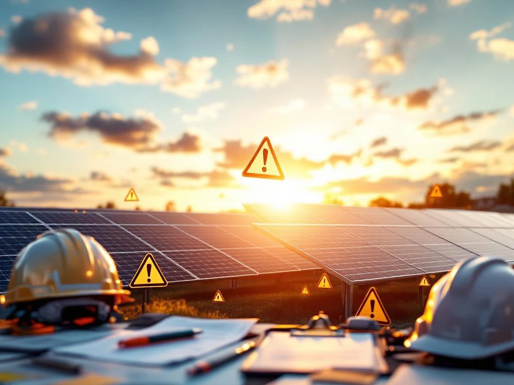 Zonnepaneelopstelling met batterijopslagunits omringd door veiligheidsuitrusting, helmen en inspectiewerktuigen tijdens het gouden uur.