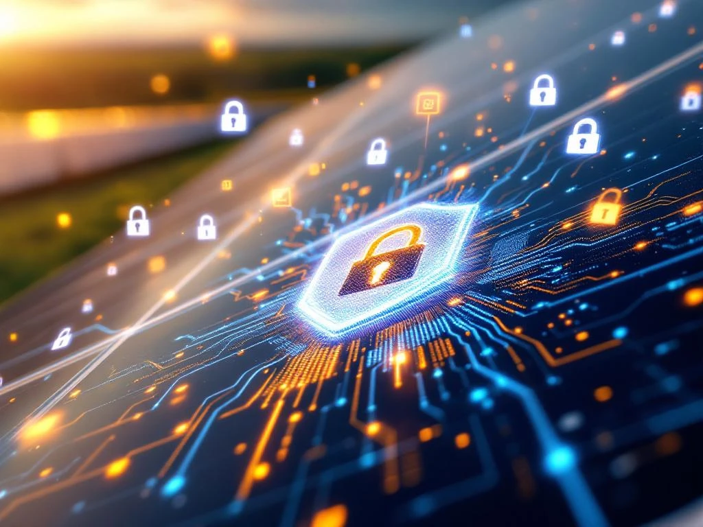 Zonnepaneel met digitale beveiligingsoverlays, gloeiende circuits en cybersecurity-iconen in gouden zonlicht op een zonnepark