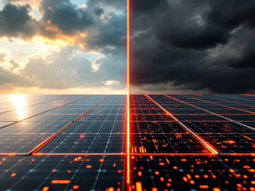 Zonnepaneel installatie gesplitst scherm: ongerepte panelen in zonlicht versus gecompromitteerde panelen met digitale glitch-effecten en waarschuwingsindicatoren die cyberbeveiligingsdreigingen tonen.