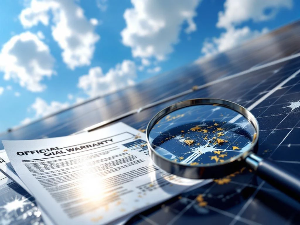 Beschadigde zonnepanelen met zichtbare scheuren en verweringsdefecten, garantiedocumenten en vergrootglas op de voorgrond