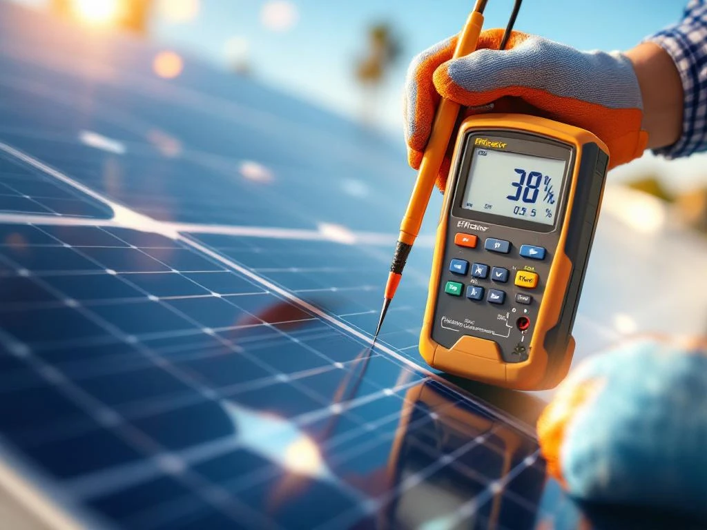 Technicus gebruikt digitale multimeter om efficiëntie van zonnepaneel te meten, handen in handschoenen houden probes tegen paneeloppervlak in zonlicht.