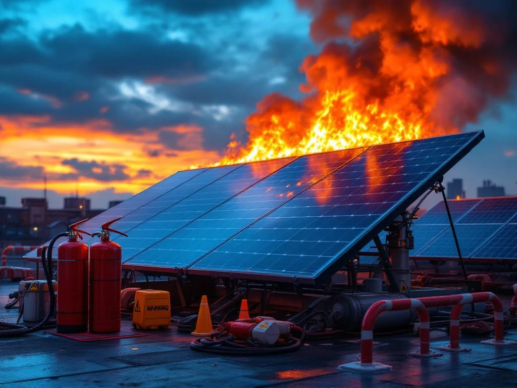 Zonnepanelen in brand met veiligheidsuitrusting voor noodgevallen, brandblussers en blusschuimsystemen zichtbaar op het dak in de schemering.