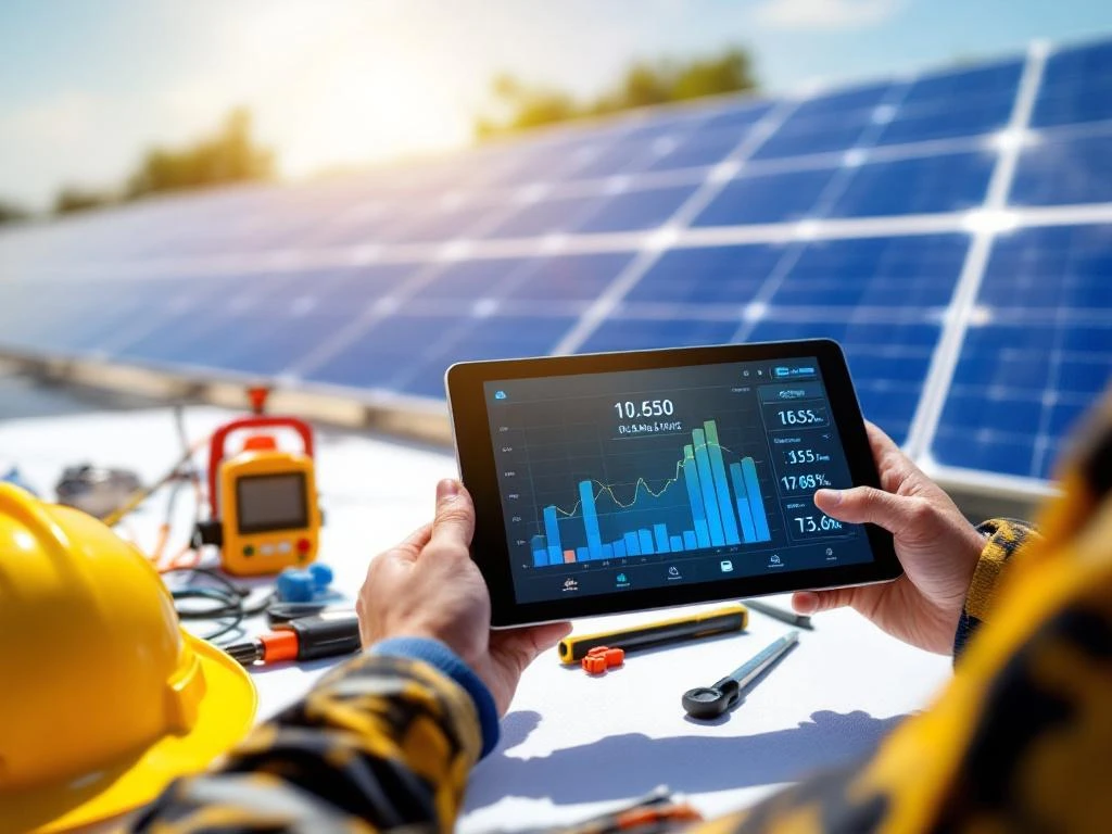 Professionele inspecteur die digitale tablet met zonnepanelendiagnosegegevens houdt, blauwe zonnepanelen en veiligheidsuitrusting zichtbaar op achtergrond