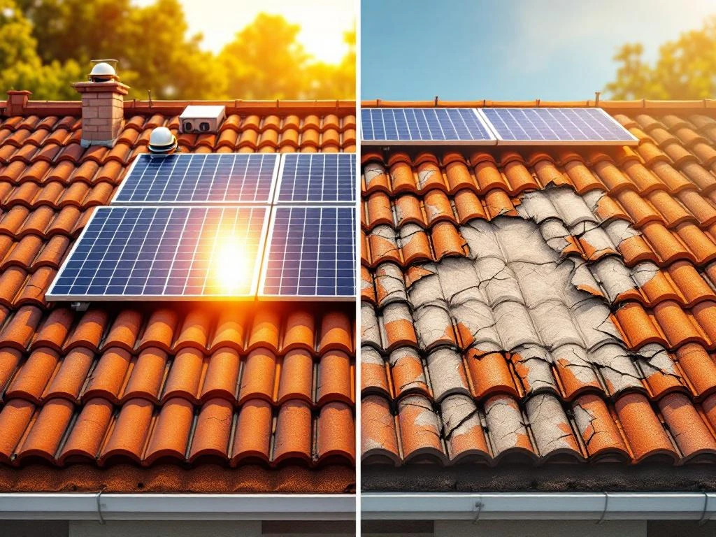 Split-view residentieel dak met vergelijking van ongerepte rode kleipannen met gemonteerde zonnepanelen tot beschadigd deel met gescheurde dakpannen en loszittend beslag.