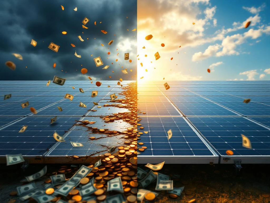 Gesplitst scherm zonnepanelen: beschadigde installatie met geld dat wegwaait aan de linkerkant, goed onderhouden array in de zon aan de rechterkant.