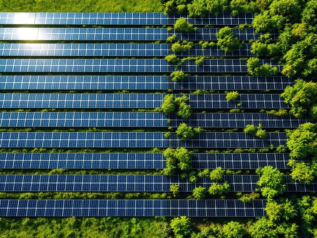 Luchtfoto van een zonnepark dat schone panelen aan de linkerkant toont tegenover met vegetatie begroeide panelen aan de rechterkant, wat efficiëntieverlies aantoont.