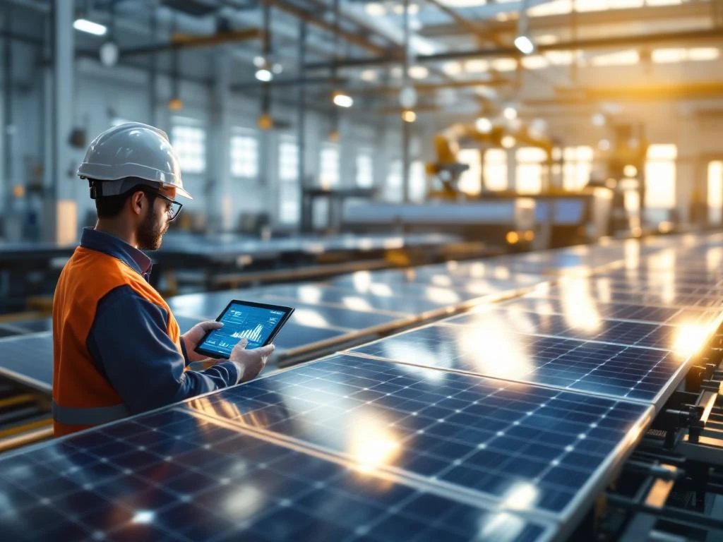 Inspecteur onderzoekt zonnepanelen op productielijn met robotapparatuur en kwaliteitscontroletablet