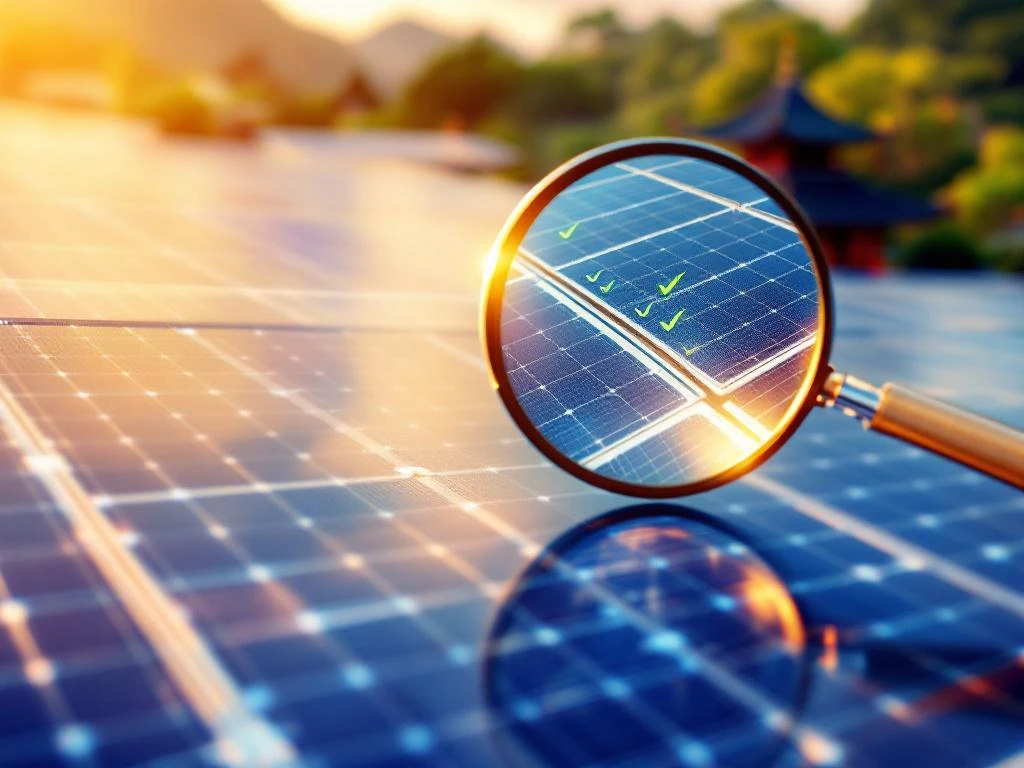 Blauwe zonnepanelen in geometrische rijen met vergrootglas die celdetails, kwaliteitscontrolelijst en gouden zonlicht highlights tonen.