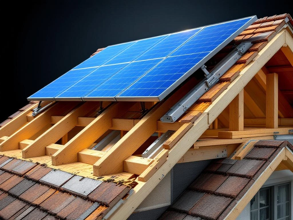 Zonnepanelen gemonteerd op een dak met zichtbare houten balkstructuur en montagehardware zichtbaar in doorsnede.