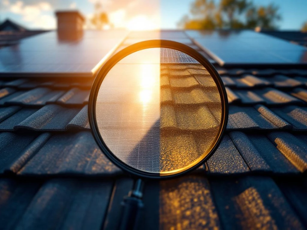 Zonnepanelen geïnstalleerd op een residentieel dak, waarbij de helft een goede installatie laat zien en de andere helft mogelijke problemen bij zonlicht.