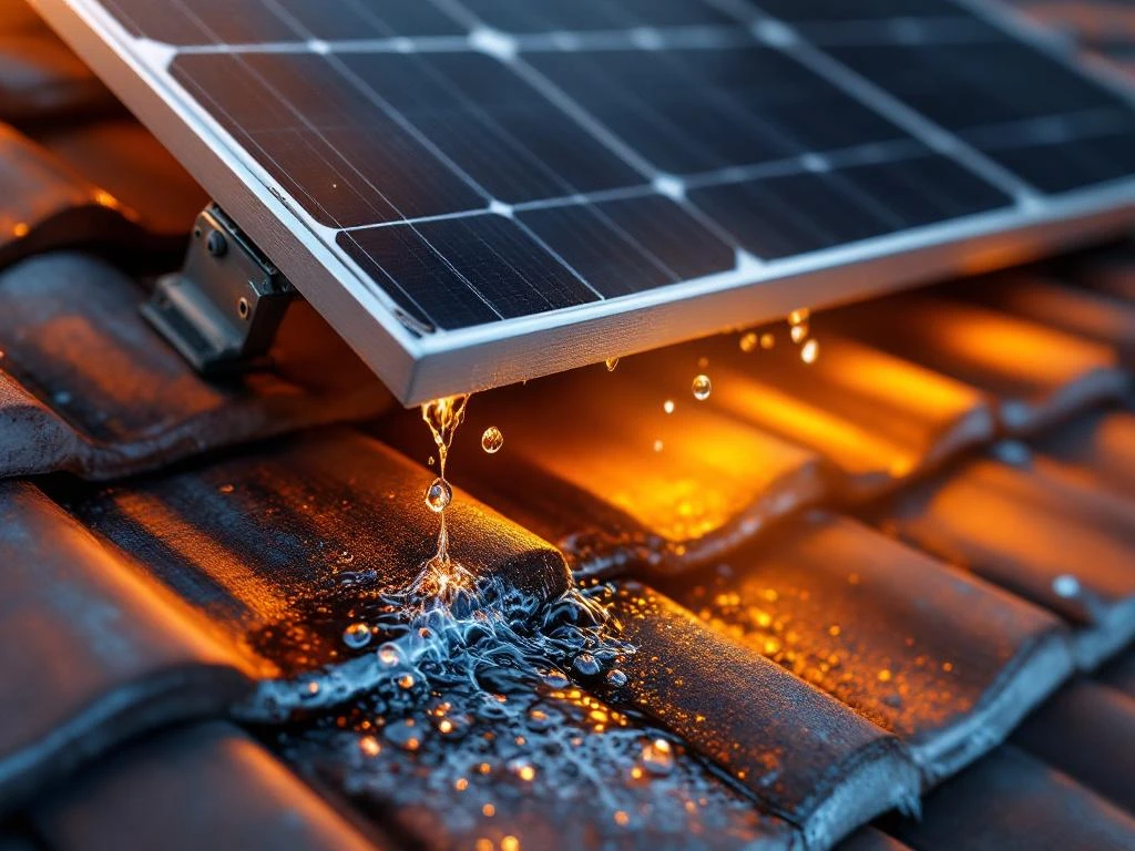 Zonnepanelen op een residentieel dak met waterdruppels die onder de montagebeugels lekken en mogelijke schade aan de installatie tonen.