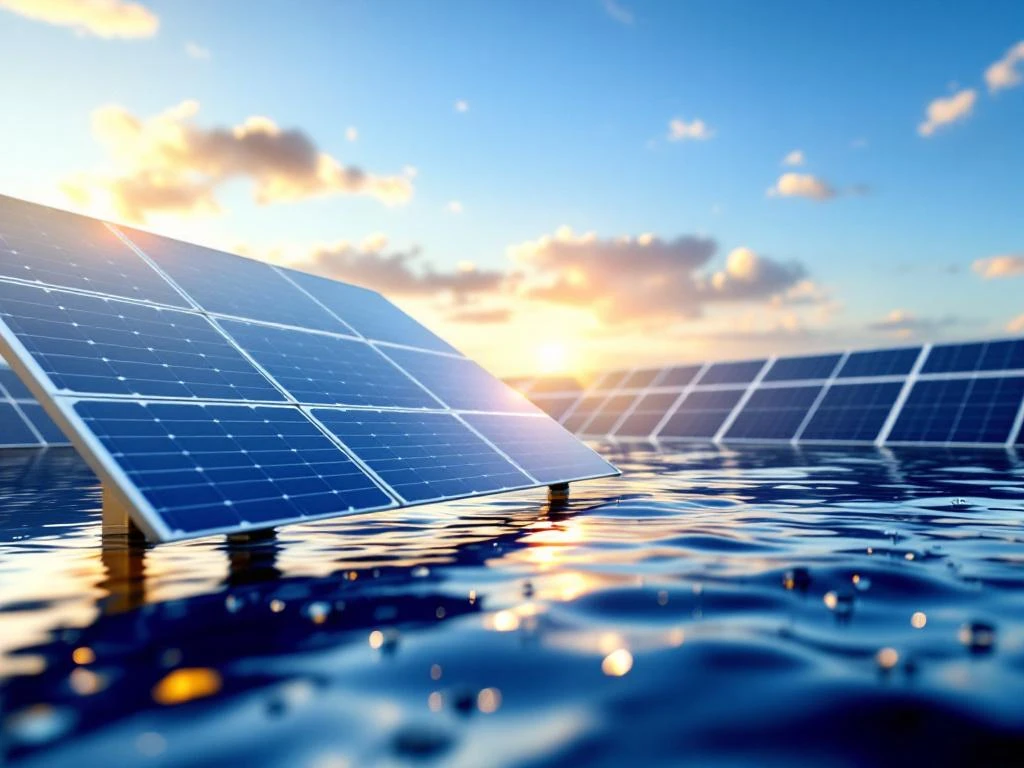 Zonnepanelen op verhoogde steunen, gedeeltelijk ondergedompeld in overstromingswater, demonstreren overstromingsbestendigheid met reflecties op het wateroppervlak tijdens het gouden uur.