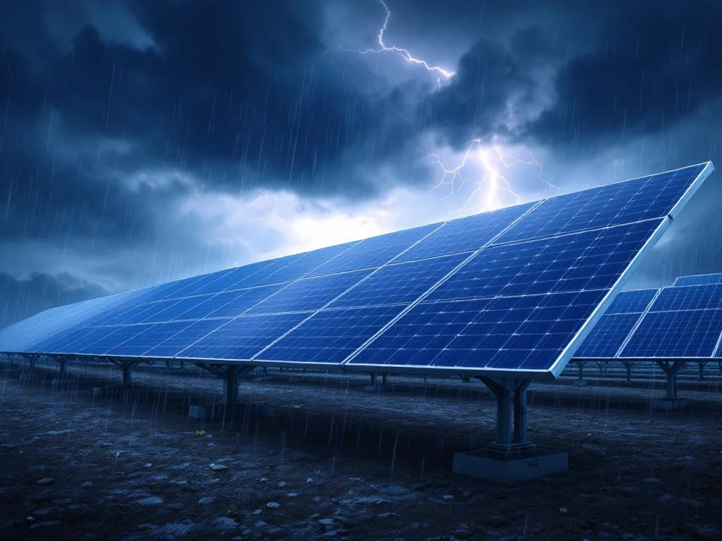 Zonnepanelen stevig gemonteerd tijdens onweer met bliksem, toon de weerbestendige infrastructuur voor hernieuwbare energie.